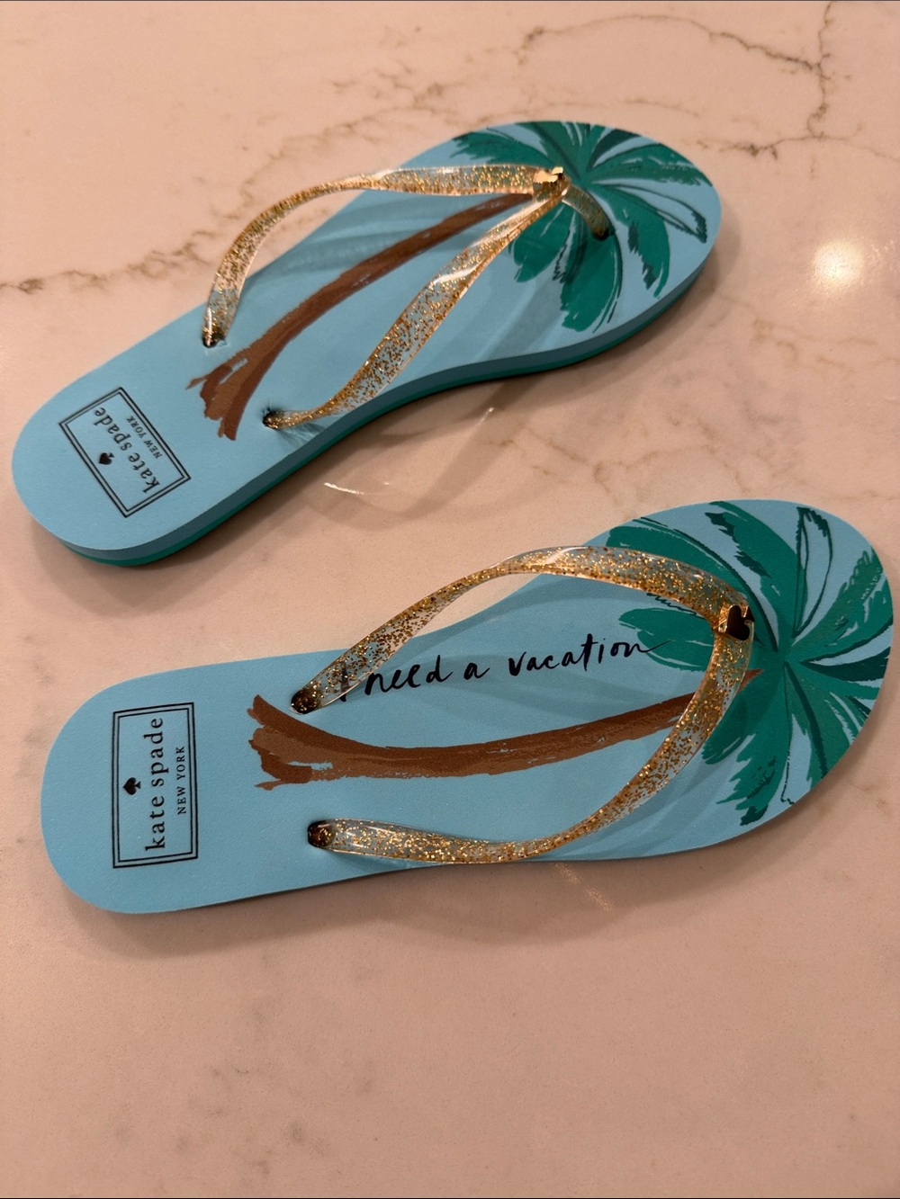 kate spade light blue flip flops with green palm and gold glitter straps - Picture 5 of 6